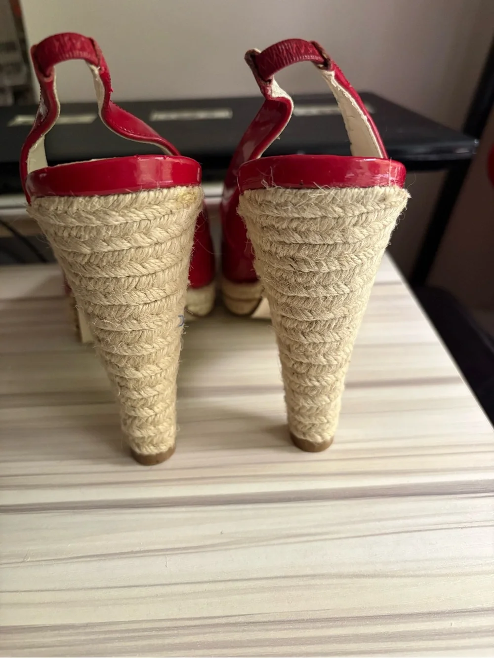 Spiegel Red Patent Peep-Toe Espadrille Wedges